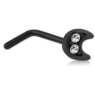 BLACK PVD COATED SURGICAL STEEL 90 DEGREE JEWELLED NOSE STUD - CRESCENT