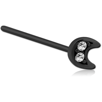 BLACK PVD COATED SURGICAL STEEL STRAIGHT JEWELLED NOSE STUD - CRESCENT