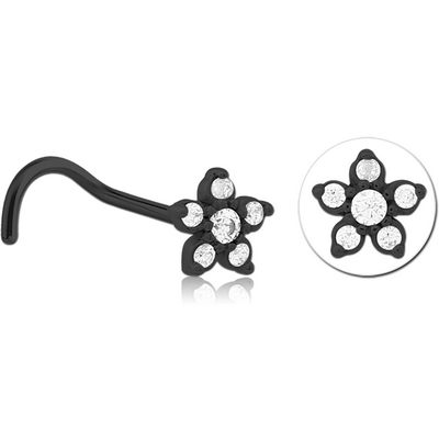 BLACK PVD COATED SURGICAL STEEL CURVED JEWELLED NOSE STUD - FLOWER