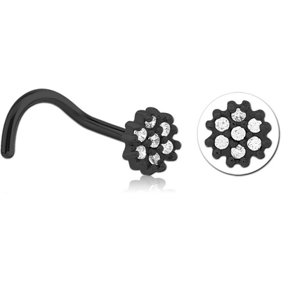 BLACK PVD COATED SURGICAL STEEL CURVED JEWELLED NOSE STUD - FLOWER