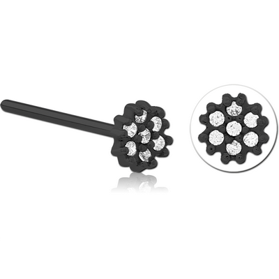 BLACK PVD COATED SURGICAL STEEL STRAIGHT JEWELLED NOSE STUD - FLOWER