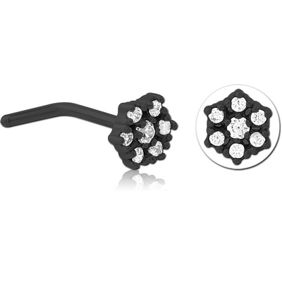 BLACK PVD COATED SURGICAL STEEL 90 DEGREE JEWELLED NOSE STUD - FLOWER