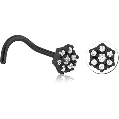 BLACK PVD COATED SURGICAL STEEL CURVED JEWELLED NOSE STUD - FLOWER