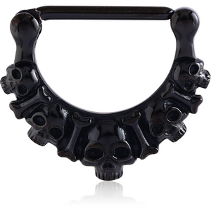 BLACK PVD COATED SURGICAL STEEL NIPPLE CLICKER - SKULLS AND BONES
