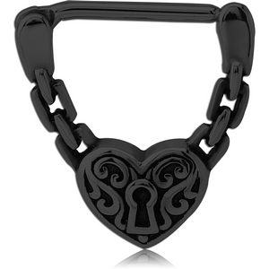 BLACK PVD COATED SURGICAL STEEL NIPPLE CLICKER - CHAINS HEART LOCK