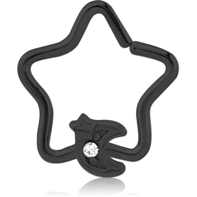 BLACK PVD COATED SURGICAL STEEL JEWELLED OPEN STAR SEAMLESS RING - CRESCENT AND STAR