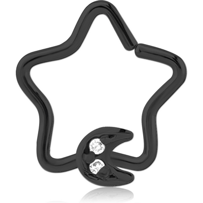 BLACK PVD COATED SURGICAL STEEL JEWELLED OPEN STAR SEAMLESS RING - CRESCENT PRONGS