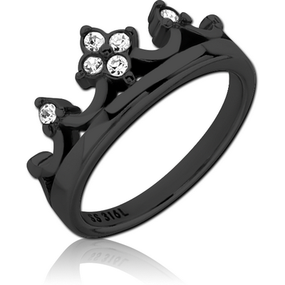 BLACK PVD COATED SURGICAL STEEL JEWELLED RING - CROWN