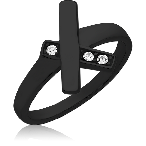 BLACK PVD COATED SURGICAL STEEL JEWELLED RING - CROSS LINES