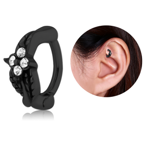 BLACK PVD COATED SURGICAL STEEL JEWELLED ROOK CLICKER - LEAF