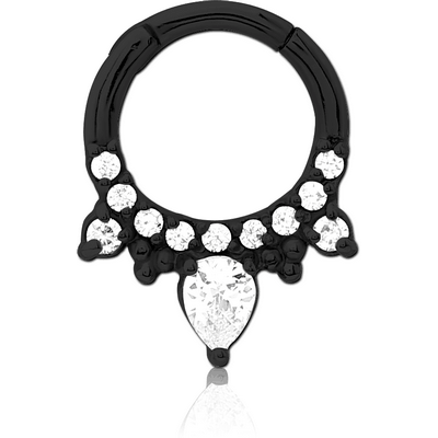 BLACK PVD COATED SURGICAL STEEL JEWELLED HINGED SEPTUM CLICKER RING