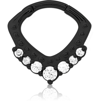 BLACK PVD COATED SURGICAL STEEL JEWELLED HINGED SEPTUM CLICKER RING