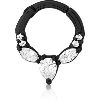 BLACK PVD COATED SURGICAL STEEL JEWELLED HINGED SEPTUM CLICKER RING