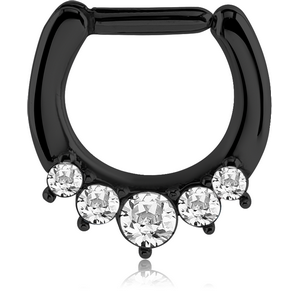 BLACK PVD COATED SURGICAL STEEL ROUND SWAROVSKI CRYSTALS JEWELLED HINGED SEPTUM CLICKER