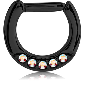 BLACK PVD COATED SURGICAL STEEL ROUND JEWELLED HINGED SEPTUM CLICKER