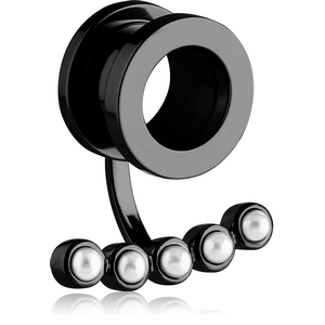 BLACK PVD COATED STAINLESS STEEL THREADED TUNNEL WITH SYNTHETIC PEARL
