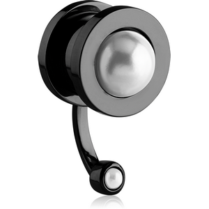 BLACK PVD COATED STAINLESS STEEL THREADED TUNNEL WITH SYNTHETIC PEARL