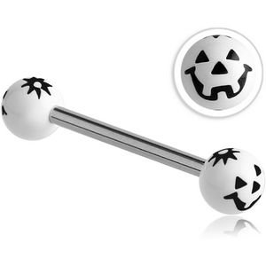 SURGICAL STEEL BARBELL WITH ACRYLIC JACK-O-LANTERN PRINTED BALL