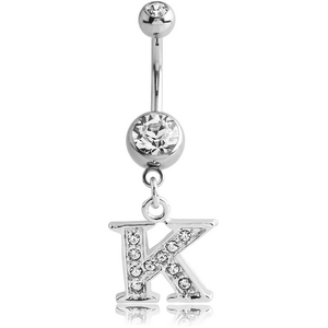 SURGICAL STEEL DOUBLE JEWELED NAVEL BANANA WITH JEWELED LETTER CHARM - K