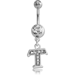 SURGICAL STEEL DOUBLE JEWELED NAVEL BANANA WITH JEWELED LETTER CHARM - T