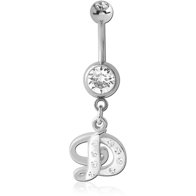 SURGICAL STEEL DOUBLE JEWELLED NAVEL BANANA WITH CRYSTALINE SCRIPT LETTER CHARM - D
