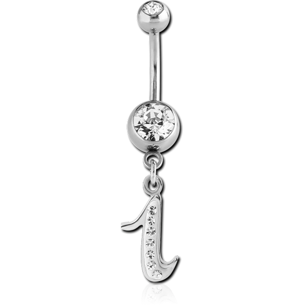 SURGICAL STEEL DOUBLE JEWELLED NAVEL BANANA WITH CRYSTALINE SCRIPT LETTER CHARM - I
