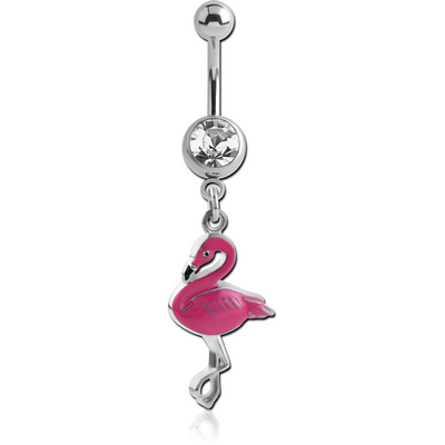 SURGICAL STEEL JEWELLED NAVEL BANANA WITH CHARM FLAMINGO