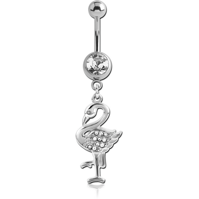 SURGICAL STEEL JEWELLED NAVEL BANANA WITH CHARM - FLAMINGO