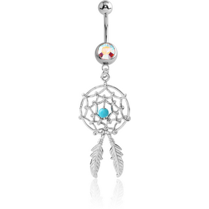 SURGICAL STEEL JEWELLED NAVEL BANANA WITH DREAMCATCHER FEATHERS CHARM
