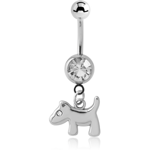 SURGICAL STEEL JEWELLED NAVEL BANANA WITH JEWELLED CHARM - DOG