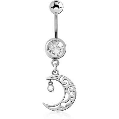 SURGICAL STEEL JEWELLED NAVEL BANANA WITH CHARM - CRESCENT