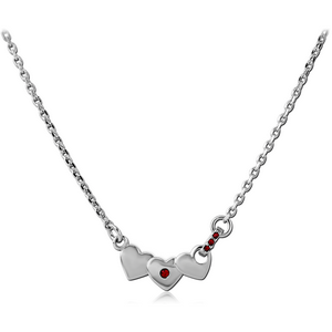 RHODIUM PLATED BRASS NECKLACE WITH JEWELLED PENDANT - HEARTS