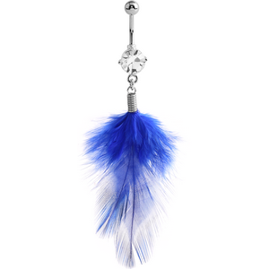 RHODIUM PLATED BRASS JEWELLED NAVEL BANANA WITH DANGLING CHARM - FEATHER