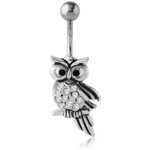 RHODIUM PLATED BRASS JEWELLED NAVEL BANANA - OWL
