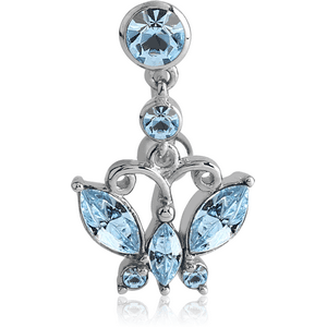 RHODIUM PLATED BRASS JEWELLED NAVEL BANANA - BUTTERFLY