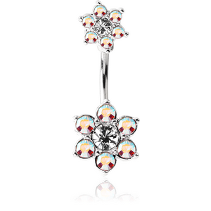 RHODIUM PLATED BRASS JEWELLED NAVEL BANANA - DOUBLE FLOWER