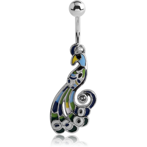RHODIUM PLATED BRASS JEWELLED NAVEL BANANA WITH ENAMEL - PEACOCK
