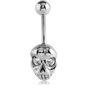 RHODIUM PLATED BRASS JEWELLED NAVEL BANANA - SKULL