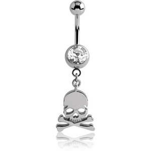 SURGICAL STEEL JEWELLED NAVEL BANANA WITH DANGLING CHARM - SKULL CROSS