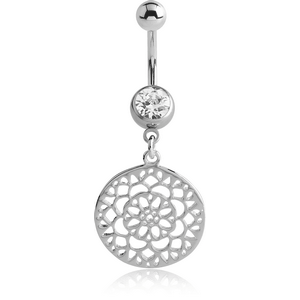SURGICAL STEEL JEWELLED NAVEL BANANA WITH DANGLING SILVER PLATED CHARM - FLOWER