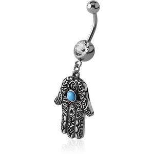 SURGICAL STEEL JEWELLED NAVEL BANANA WITH DANGLING CHARM - HAMSA HAND