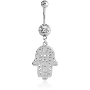 SURGICAL STEEL JEWELLED NAVEL BANANA WITH DANGLING CHARM - HAMSA HAND
