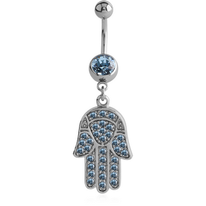 SURGICAL STEEL JEWELLED NAVEL BANANA WITH DANGLING CHARM - HAMSA HAND