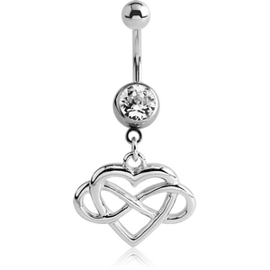 RHODIUM PLATED BRASS JEWELLED NAVEL BANANA - ENTANGLED HEART AND INFINITY
