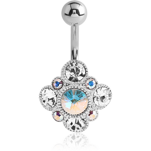 RHODIUM PLATED BRASS SWAROVSKI CRYSTALS JEWELLED NAVEL BANANA - RHOMBUS