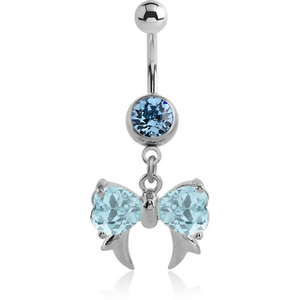 SURGICAL STEEL JEWELLED NAVEL BANANA WITH DANGLING CHARM - BOW WITH FANGS