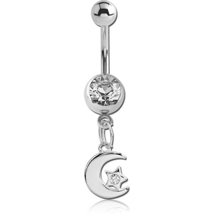 SURGICAL STEEL JEWELLED NAVEL BANANA WITH DANGLING CHARM - CRESCENT AND STAR