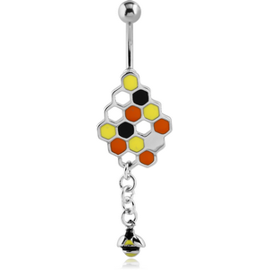 RHODIUM PLATED BRASS ENAMEL BEEHIVE NAVEL BANANA WITH DANGLING CHARM - BEE