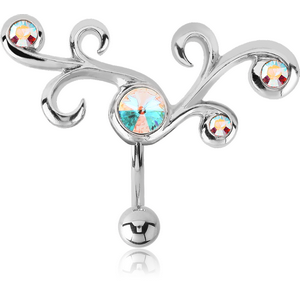 RHODIUM PLATED BRASS JEWELLED REVERSE NAVEL BANANA - TRIBLE