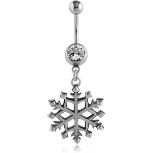 SURGICAL STEEL JEWELLED NAVEL BANANA WITH DANGLING CHARM - SNOWFLAKE